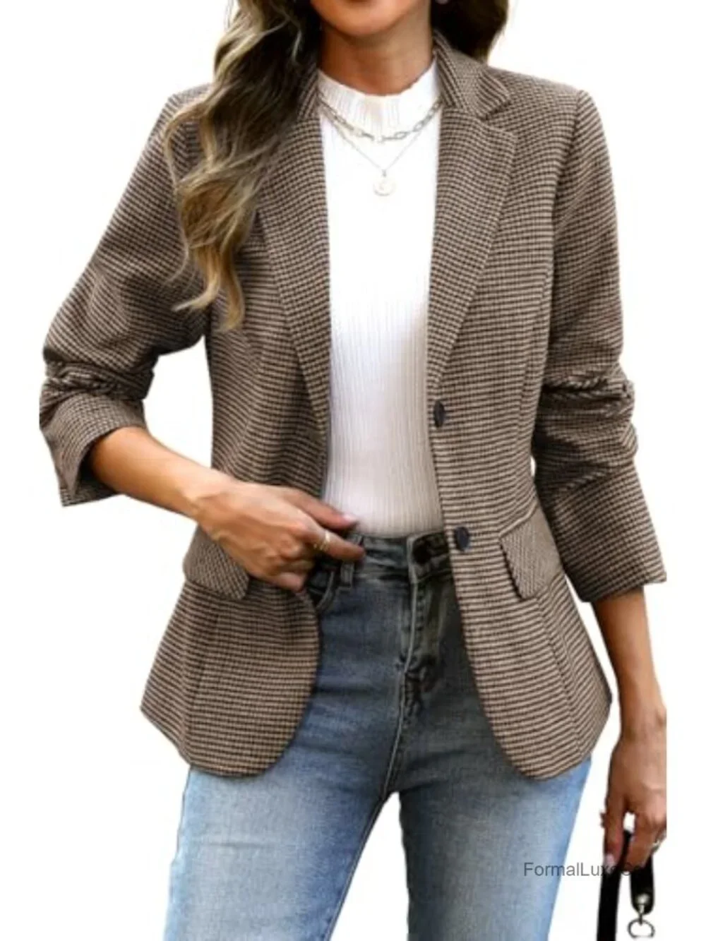 Classic Plaid Blazer with Notch Collar and Padded Shoulders